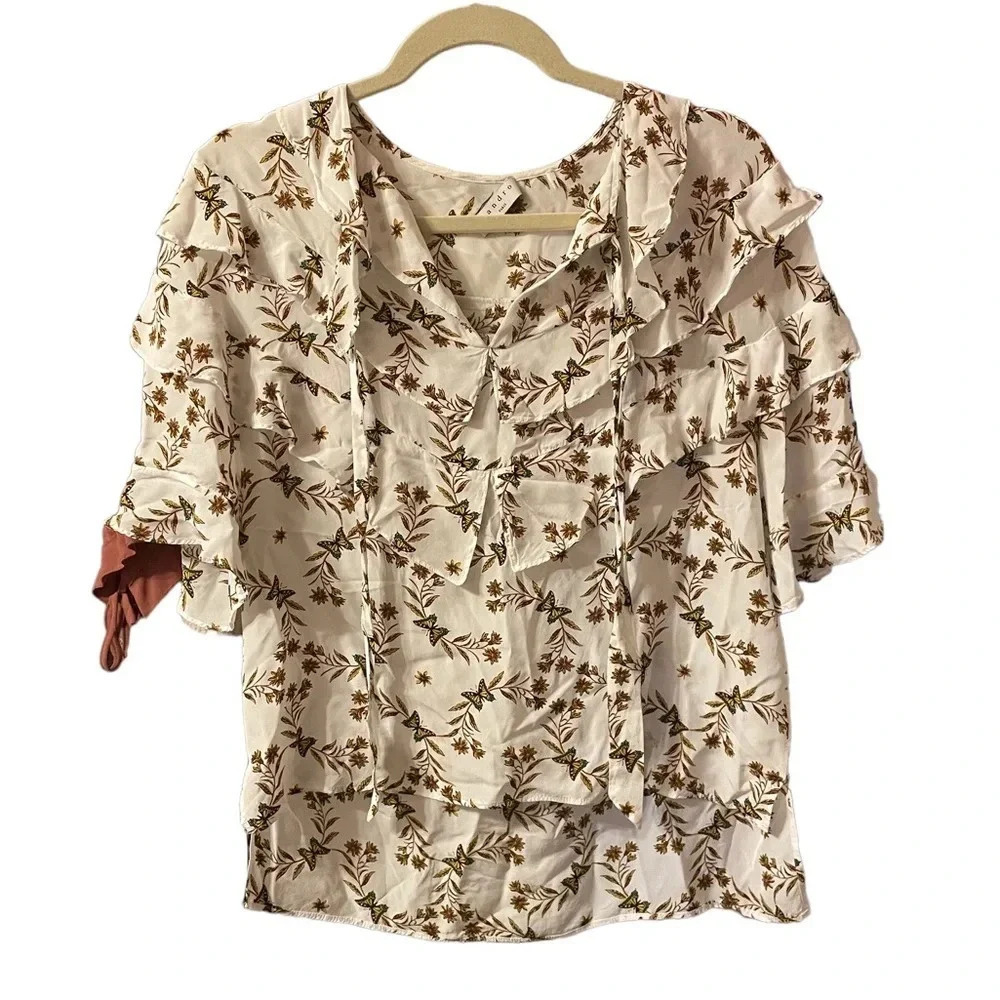 SANDRO BUTTERFLY PRINT RUFFLE BLOUSE - Picture 4 of 9